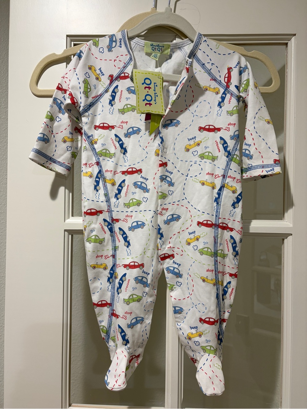 Kissy Kissy White Footed One-Piece with Red, Blue, Green & Yellow Cars